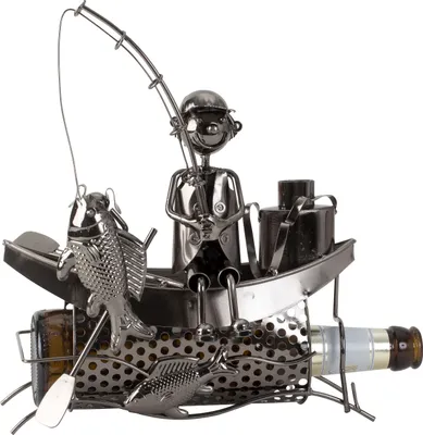Produktbild von Moderner Bier Flaschenhalter Flaschenständer Fischer im Boot aus Metall in silber 22x23 cm