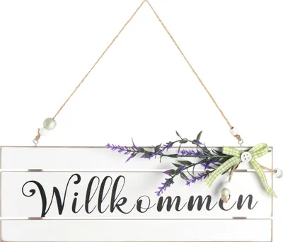 Produktbild von com-four® Türanhänger "Willkommen" - Türschild aus Holz zum Aufhängen mit Kunstblüte, Schleife und Holzperlen - Aufhänger zur Frühlingszeit, Ostern und Sommer