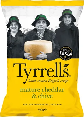 Zdjęcie produktu dla Tyrrells Handcooked mature Cheddar und Chive Chips vegetarisch 150g
