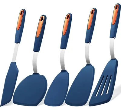 Immagine prodotto di Set di 5 spatole in silicone, colore blu navy, resistenti al calore, ideali per pesce, uova e pancake