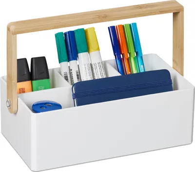 Obrázek produktu pro Organizér Relaxdays s uchem, 4 přihrádky, přenosný, úložný, bambusové ucho, třídicí box, rozměry 8,5 x 26 x 16 cm, bílý