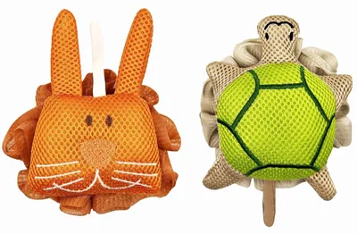Produktbild von Set aus 2 weichen Duschschwämmen aus Netzmaterial mit Tierdesign