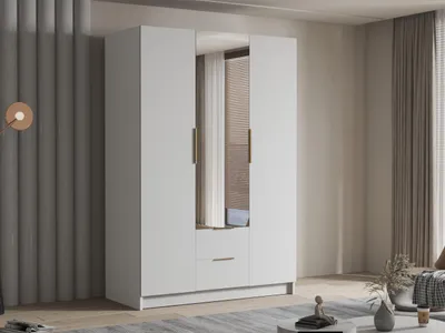 Produktbild von MIRJAN24 Kleiderschrank Calwi II 150, Schlafzimmer, mit Spiegel, Drehtürenschrank, mit Kleiderstange, Modern, Garderobenschrank, Metallgriffe (Farbe: Weiß + Gold)