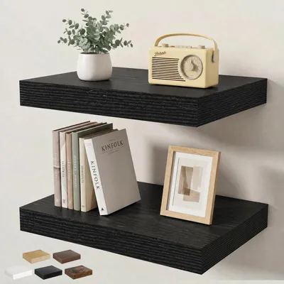 Image de Étagère murale flottante, lot de 2, dimensions 40 x 23,5 x 3,8 cm, couleur noire, supports invisibles, en MDF