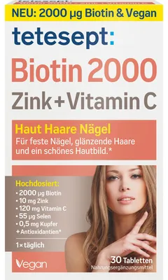 Immagine prodotto di Tetesept Biotina 2000 Zinco + Vitamina C, compresse rivestite per pelle, capelli e unghie, 30 compresse