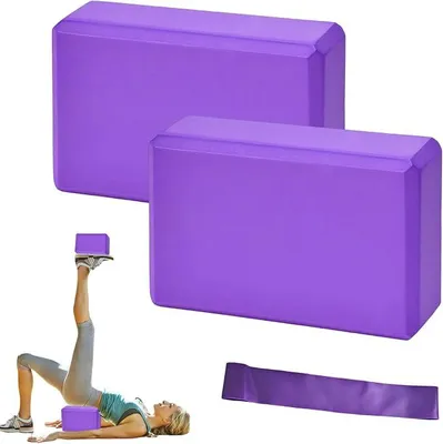 Produktbild von PolkaHome® Yogablöcke Set aus 2 mit Fitnessbändern, Lila Yoga Block aus EVA-Schaum, Leicht, Rutschfest, Yogablöcke für Pilates, zum