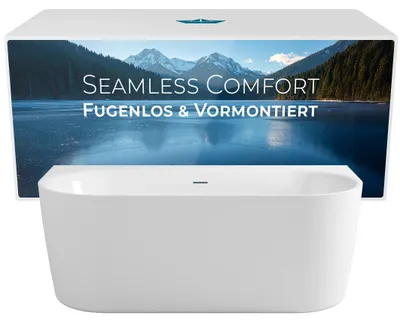Produktbild von Calmwaters Vorwand-Badewanne 160x75 cm Komplettset Seamless Comfort, fugenloses Design, vormontiert mit Schürze & Ablaufgarnitur, Acryl, EU, 02SL6221