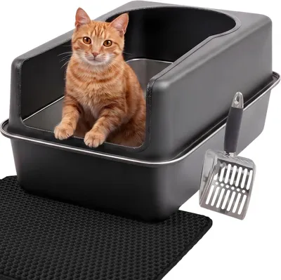 Produktbild von Katzenklo Edelstahl XXL Matt Schwarz – Leicht zu reinigen, geruchsresistent – Katzentoilette mit hohem Rand, 38L – Auslaufsicher, antihaftbeschichtet