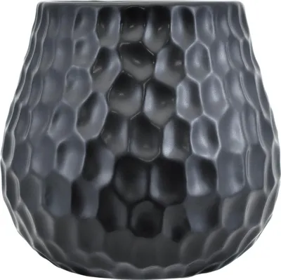 A dark gray ceramic mug with a honeycomb texture.