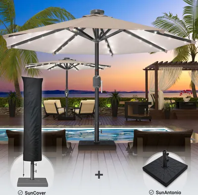 Produktbild von SUN MARINO | Sonnenschirm | Rund | Ø 300 cm | Taupe | LED | +Ständer & Hülle | Sonnenschirm, Gartenschirm, Ampelschirm, Balkonschirm