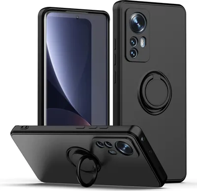 A black phone case with a ring holder is displayed from multiple angles against a white background.