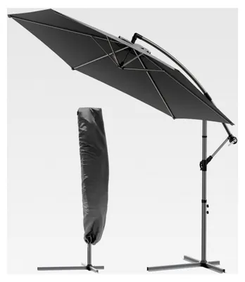 Produktbild von Ampelschirm 300 cm, Sonnenschirm mit Ständer, Kurbel, Windsicherung und Abdeckung, 360° drehbar und neigbar, stabiler Gartenschirm für Terrasse, Balkon und Garten, Marktschirm mit UV-Schutz, Grau