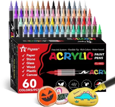 Produktbild von PromoHome® 60-teiliges Acrylstift-Set – Wasserfeste Acrylmarker mit flexibler Spitze für Stein, Glas, Keramik, Leinwand, Papier, Holz