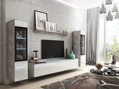 Produktbild von '- Wohnwand 4-Teilig Set Veve 2, Hängend/Stehend - ohne LED | 2x Hochschrank-Vitrine, Lowboard Wandboard, Laminierte Spannplatte, Beton und Weiß Gloss