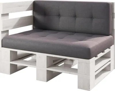 A corner sofa made from wooden pallets with gray cushions, shown against a white background.