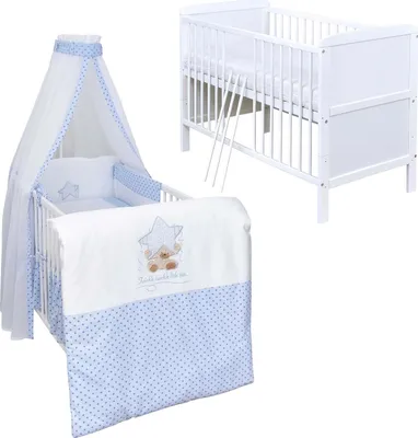Produktbild von Baby-Delux Babybett Kinderbett Umbaubar 140x70 Weiß Bettset Komplett mit Motiv Twinkle Star Blau
