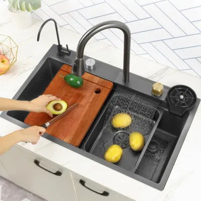 Zdjęcie produktu dla Zlewozmywak wielofunkcyjny – zlewozmywak kuchenny – 70 x 45 cm – czarny – stal nierdzewna – z baterią z wyciąganą i wylewką