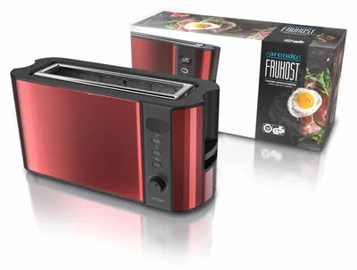 A red toaster and its packaging are displayed against a white background.