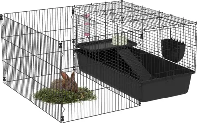 Zdjęcie produktu dla PawHut 99 cm klatka dla małych zwierząt z kojcem, klatka dla małych zwierząt z butelką na wodę, miska na karmę, klatka dla gryzoni z karmnikiem, klatka dla świnki morskiej dla małych zwierząt stalowa czarna