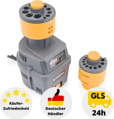 A product shot of a drill bit sharpener with accompanying marketing badges.