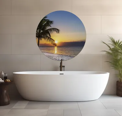 Produktbild von Wallario wasserfestes Poster selbstklebend 90 x 90 cm, Palme am Strand - Sonnenuntergang über dem Meer, Badezimmerposter Spritzschutz mit Hochglanzoberfläche in Glasoptik