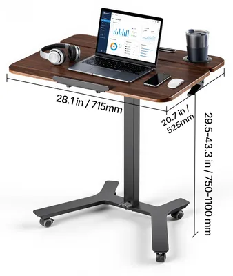 Productafbeelding van VEVOR Verstelbaar bureau, computerbureau, 715x525x(750x1100)mm, metalen frame, MDF-bureaublad, 0-90° kantelbaar, draagvermogen 15 kg, wielen met 2 remmen, mobiel bureau voor thuiswerken