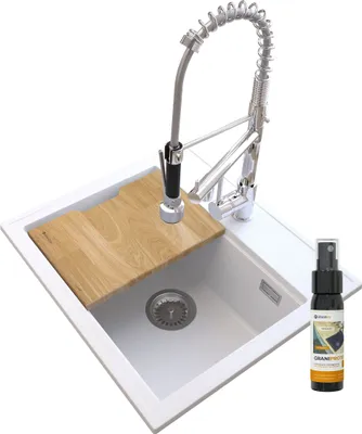 Obrázek produktu pro Granitan - Granitový dřez - Dřez 56,5x50,5 cm - Kuchyňský dřez krémově bílý - s baterií - FOXAL