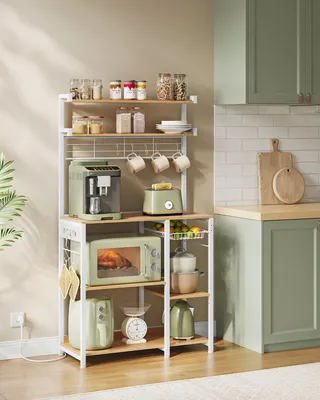 A kitchen shelf unit filled with various kitchen appliances and pantry items, set in a kitchen environment.