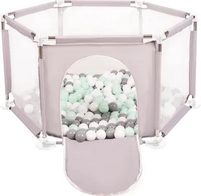 Produktbild von Selonis Laufstall für Babys Sechseckiger mit 100 Bunten Plastikbälle ∅6cm - Indoor spielplatz Kinder Zaun Bälle für Bällebad Laufgitter faltbar - Grau