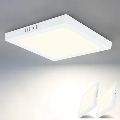 A white square LED ceiling light is shown mounted on a light gray ceiling. Below, two more of the same lights are displayed at an angle on a white surface.