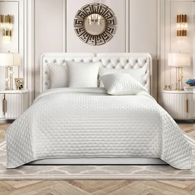 Produktbild von 3 Teilige Tagesdecken Bettuberwürf 220x240cm Bettüberwuf Set mit 2 Kissenbezügen 50x75cm, Weiche Mikrofaser Wendbar Bettwäsche-Set, Wendbare Bettdecke,Weiß