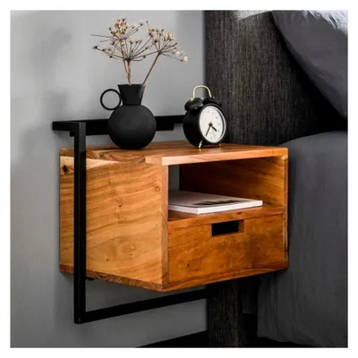 Produktbild von Hängender Nachttisch Lolei aus Massivholz mit Schublade und Ablage, Dunkelbraun mit schwarzem Metallrahmen, Schwebendes Wandregal für das Schlafzimmer