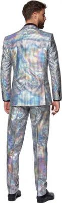 A man wearing a silver disco suit, viewed from the back.