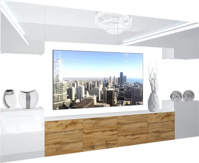 Produktbild von BELINI Wohnwand Vollausstattung Wohnzimmer-Set Moderne Schrankwand mit LED-Beleuchtung Weiß Glänzend Anbauwand TV-Schrank Weiß / Eiche Wotan Glänzend/Matt