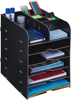 Obrázok produktu pre Uniqoos® Organizér na písací stôl – 12 priehradiek, priečinok na dokumenty a držiak na perá, MDF, čierna farba, 34,5 x 25 x 32 cm