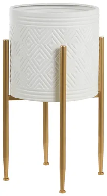 Produktbild von BELIANI Blumentopf mit Beinen Weiß Metall 62 cm Hoch Rund s Strukturiertes Design Wohnzimmer Pflanzenständer Blumenständer Indoor