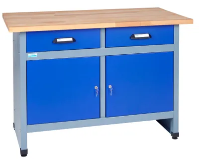 Produktbild von Küpper Werkbank 12057, 120x84x60 cm, 2 Schubladen, 2 Türen, 300 kg Traglast, 30 mm massive Buchenarbeitsplatte