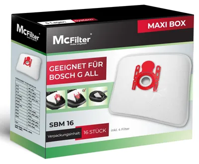 Produktbild von McFilter I 16 Staubsaugerbeutel kompatibel mit Bosch Serie 2 Serie 4 Serie 6 Serie 8, BBZ16FGALL Typ G ALL, passend für BGL8XHYG, BGD38RD1H, BGDS2CHAMP GL-20 30 allergy MoveOn Mini inkl. 4 Mikrofilter
