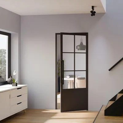 Produktbild von Loftglastür, Stahl schwarz mit Klarglas Einsatz, 930x2040 mm, mit Türzarge, Griffstange, DIN Rechts
