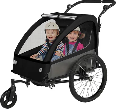 Produktbild von Fahrradanhänger Kinder BT-920, Kinder Fahrradanhänger für 1–2 Kinder, 5-Punkt-Sicherheitsgurt, mit Buggy-Rad, Feststellbremse und Sicherheitsflagge