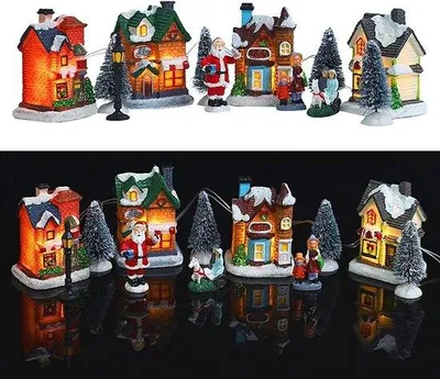Immagine prodotto di Villaggio natalizio con casette in miniatura a LED, set da 10 pezzi, decorazione Hars