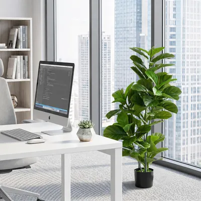 Produktbild von Künstliche Ficus-Pflanze, Kunstbaum mit Topf, 90 Blätter, PEVA-Blätter, Grün | 110 cm | 15x15 cm Topf | pflegeleicht