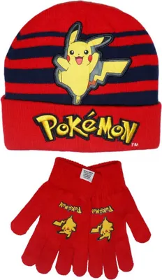 Produktbild von Pokemon Pikachu Jungen Herbst Wintermütze plus Handschuhe Gr. 54/56 – Rot / 54/56