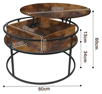 Produktbild von Runder Couchtisch 2-in-1 - Lift-Top Sofatisch - Versteckter Stauraum, höhenverstellbare Tischplatte, Metallgestell, 80×80×47 cm - Braun