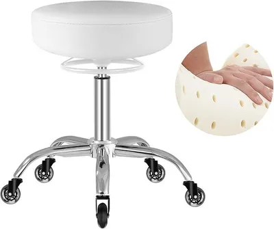 Produktbild von Rollhocker Höhenverstellbar 180 kg Belastbarkeit (Weiß) | 50-62 cm höhenverstellbar, Kunstleder, 360° Drehhocker Hocker für Salon und Spa