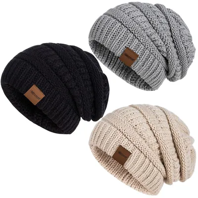 Immagine prodotto di Set di 3 berretti da donna in maglia, modello slouchy, ideali per l'inverno, colore nero/grigio scuro