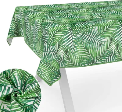 Produktbild von Tischdecke Tropik aus Textil mit Blumen Pflanzen wasserabweisend Tischtuch Tischwäsche Aquarell Grün Breite 140cm Länge 220cm mit Paspelband