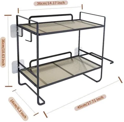 Produktbild von Unyqoos® Platzsparendes Metall-Badezimmerregal für über dem WC – 2 Ablagen, Toilettenrollenhalter & 2 Haken, Schwarz, 45 x 16 x 36 cm