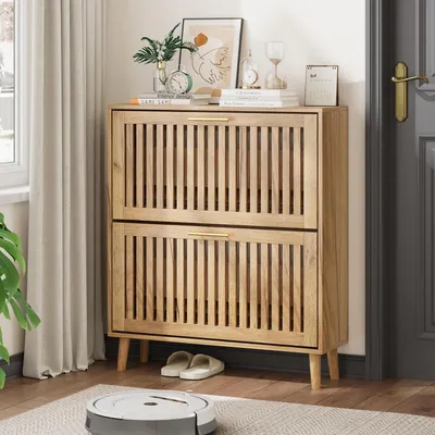 Obrázok produktu pre Skriňa na topánky s lamely a 2 výklopnými zásuvkami, úzka, 80 cm, prírodné drevo