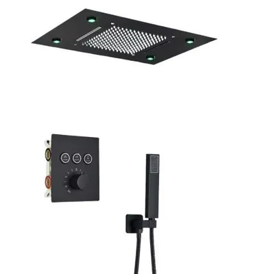 Produktbild von Duscharmaturenset, an der Decke montiertes LED-Regendusch- und Wasserfall-System, Fernbedienung, schwarz, Komplettset B